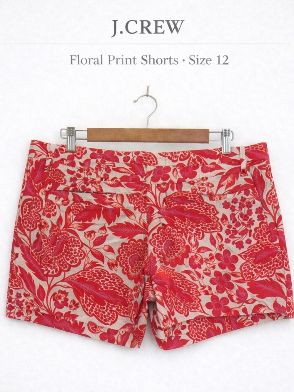 J.Crew Floral Print Shorts Size 12 Low Rise Red White Summer Cotton - Picture 2 of 7